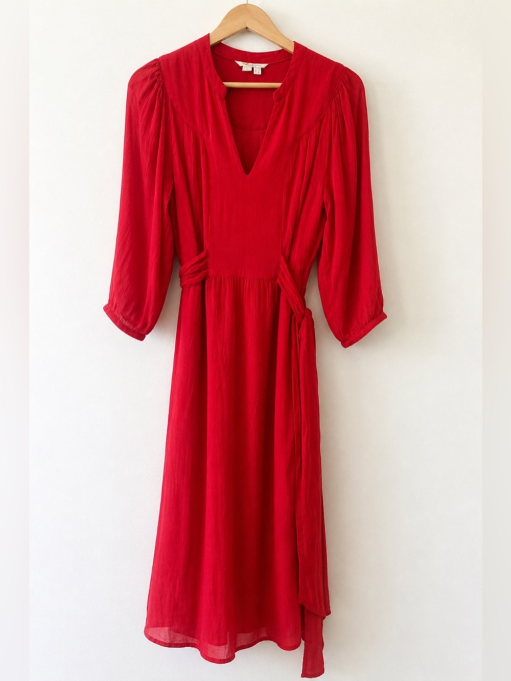 Boden Red Tie Waist Midi Dress V-Neck Petite 4P Flowy Sleeves